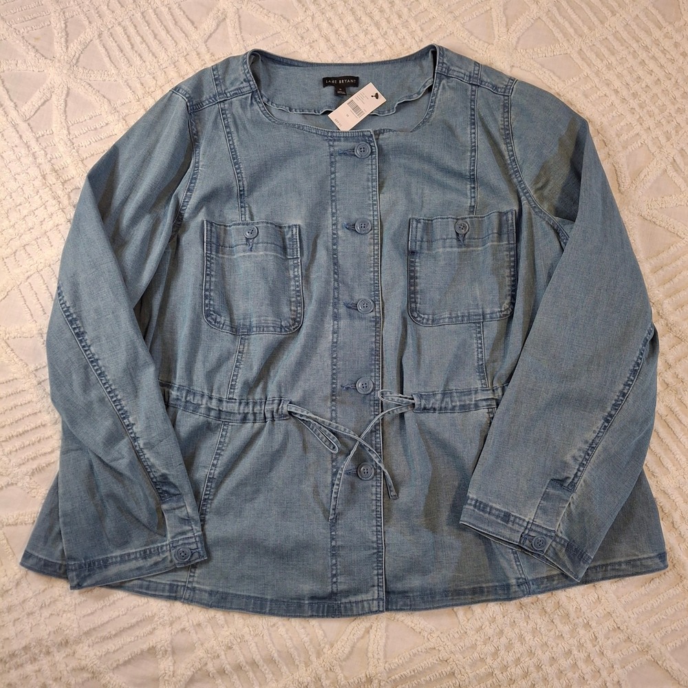 Lane Bryant Women 18 Blue Chambray Cotton Utility Jacket Drawstring Waist NWT‎
